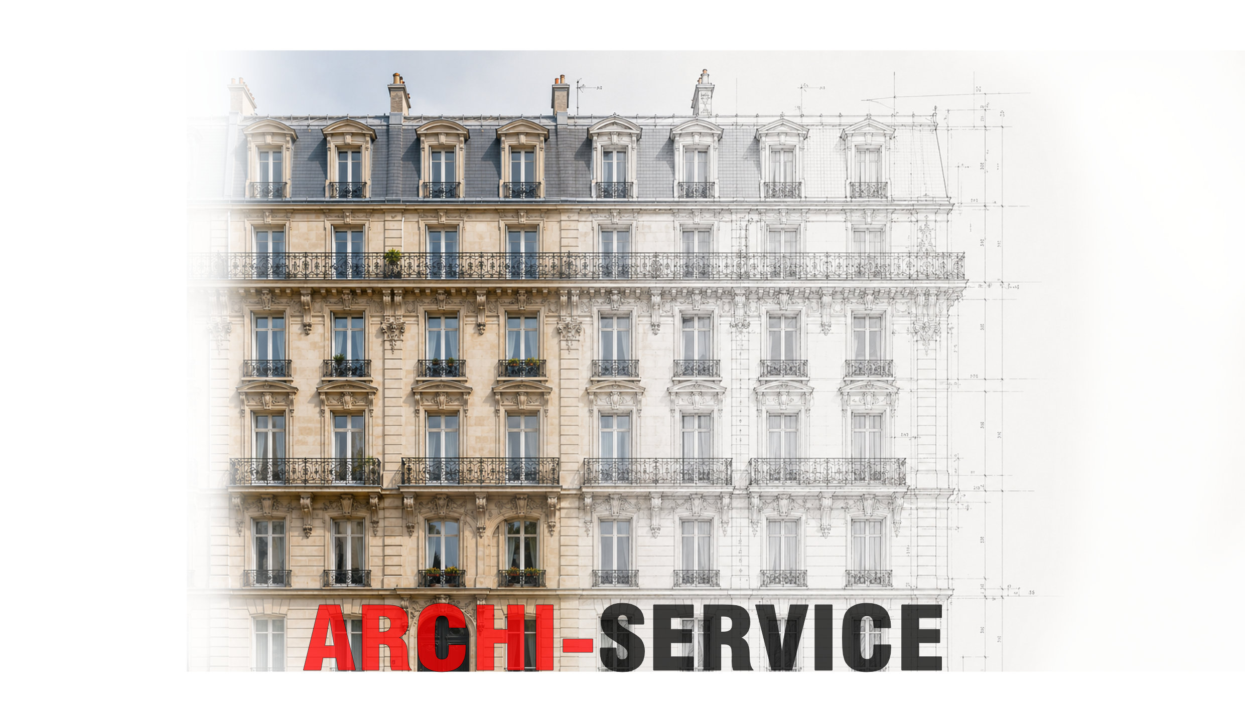 Façade haussmannienne se transformant en dessin architectural